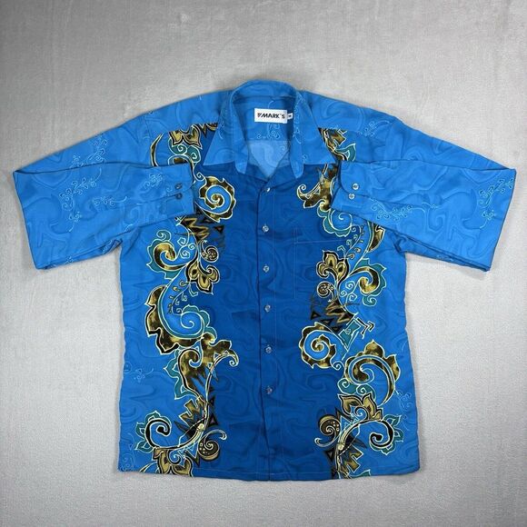 True Vintage 1960s Shirt Disco Dagger Collar Polyester Novelty Print Mark's Blue - Picture 7 of 9